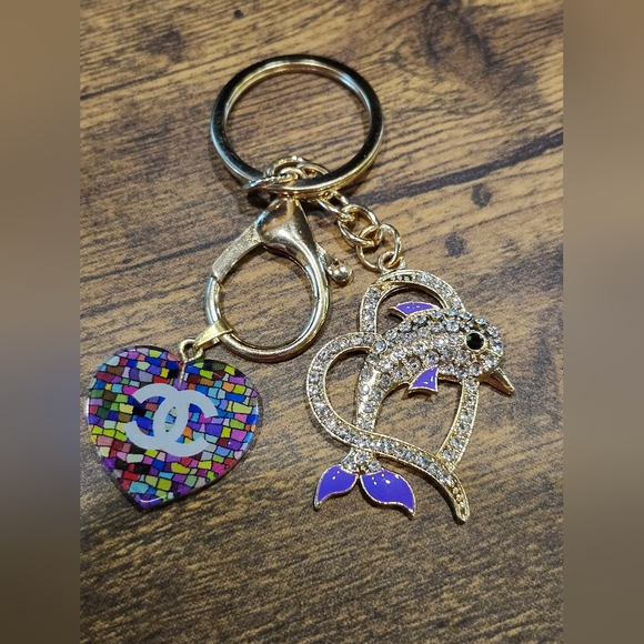 CHANEL Authentic Multicolor Heart Charm Upcycles With Dolphin Keychain - Picture 1 of 2